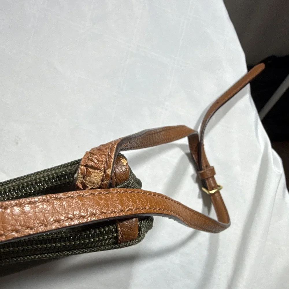 Lauren Ralph Lauren Green Nylon Crossbody Bag Brown Strap Gold Hardware